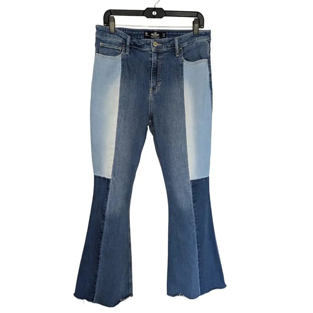 Hollister Women Jeans, Blue Patchwork High-Rise Vintage Flare Jeans, Sz 15R